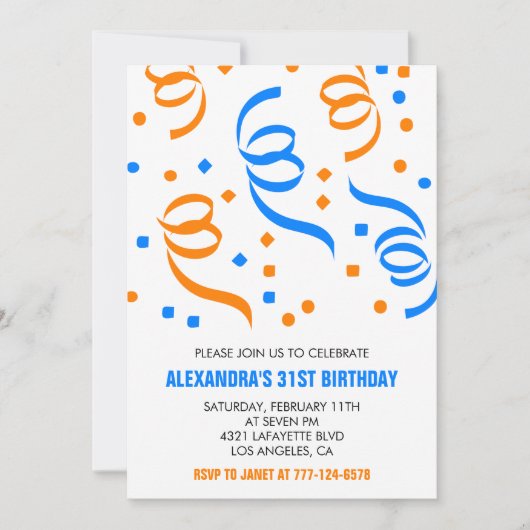Invitations simples 31e anniversaire Confetti Blue (Devant)