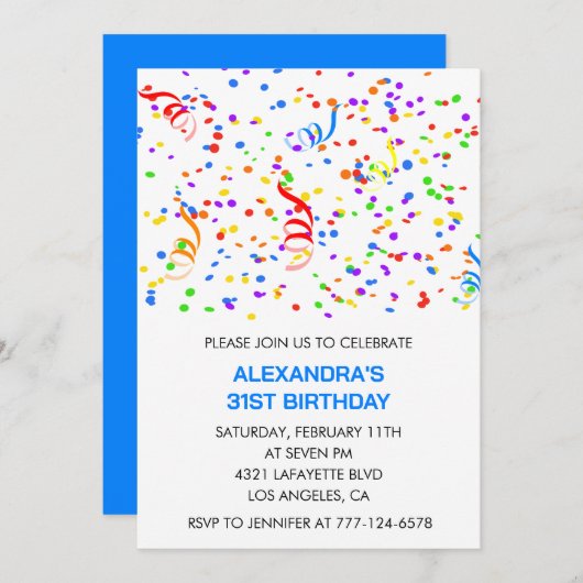 Invitations simples 31e anniversaire Confetti Rain (Devant / Derrière)