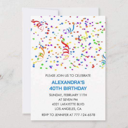 Invitations simples 40e anniversaire Confetti Rain (Devant)