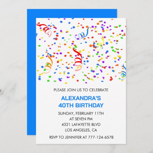 Invitations simples 40e anniversaire Confetti Rain (Devant / Derrière)