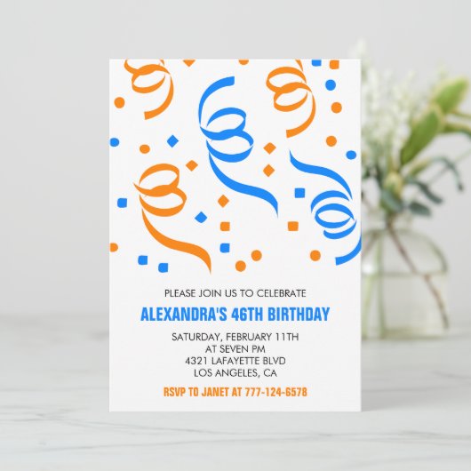 Invitations simples 46e anniversaire Confetti Blue (Debout devant)