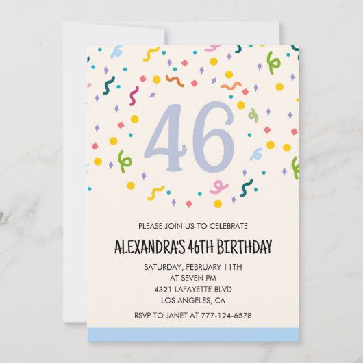 Invitations simples 46e anniversaire Confetti Mode (Devant)