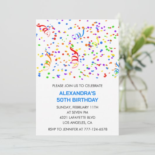 Invitations simples 50e anniversaire Confetti Rain (Debout devant)