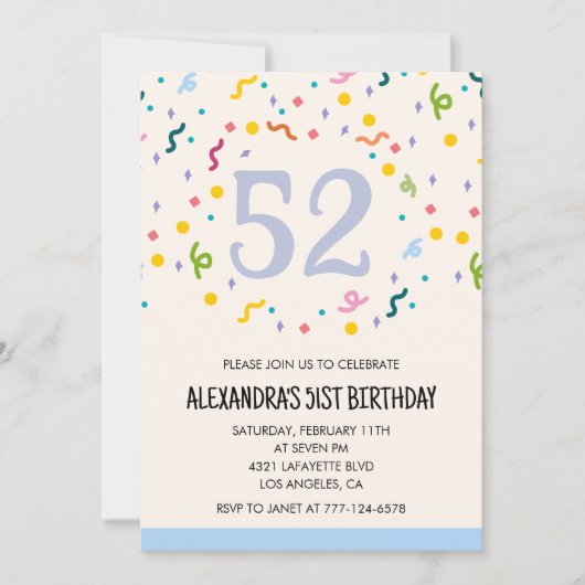 Invitations simples 52e anniversaire Confetti Mode (Devant)