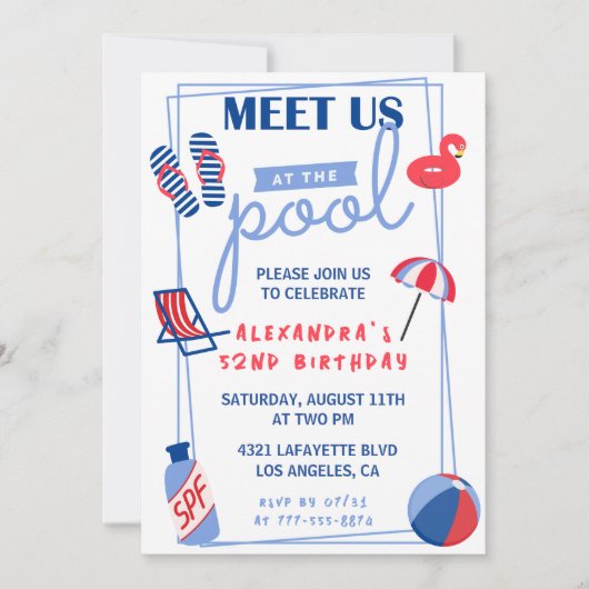 Invitations simples 52e anniversaire Pool Party ét (Devant)