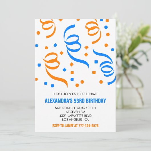 Invitations simples 53e anniversaire Confetti Blue (Debout devant)