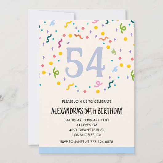 Invitations simples 54e anniversaire Confetti Mode (Devant)