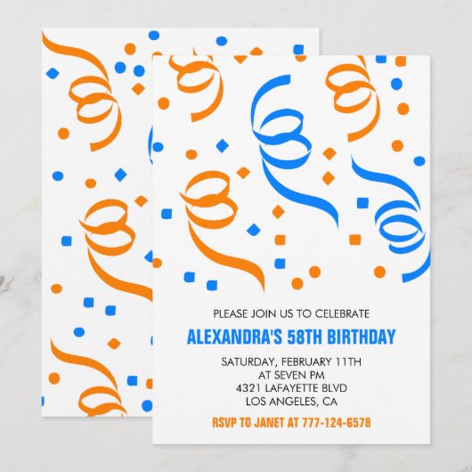 Invitations simples 58e anniversaire Confetti Blue (Devant / Derrière)