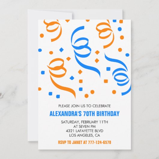 Invitations simples 70e anniversaire Confetti Blue (Devant)