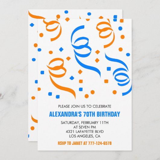 Invitations simples 70e anniversaire Confetti Blue (Devant / Derrière)
