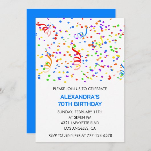 Invitations simples 70e anniversaire Confetti Rain (Devant / Derrière)