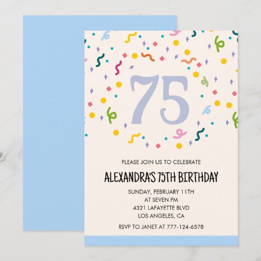Invitations simples 75e anniversaire Confetti Mode (Devant / Derrière)