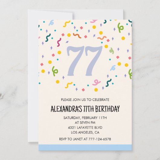 Invitations simples 77e anniversaire Confetti Mode (Devant)