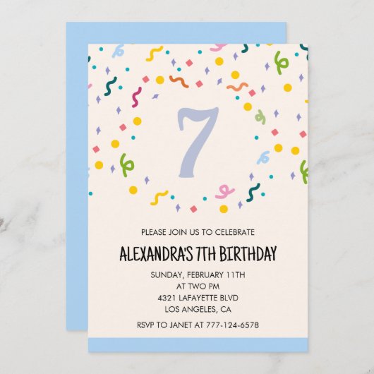 Invitations simples 7 ans Confetti Modern (Devant / Derrière)
