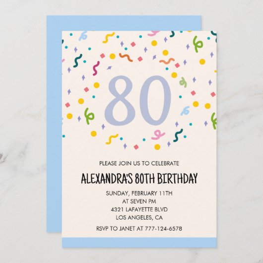 Invitations simples 80e anniversaire Confetti Mode (Devant / Derrière)