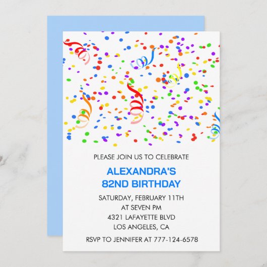 Invitations simples 82e anniversaire Confetti Rain (Devant / Derrière)