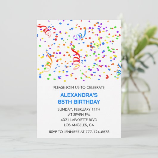 Invitations simples 85e anniversaire Confetti Rain (Debout devant)