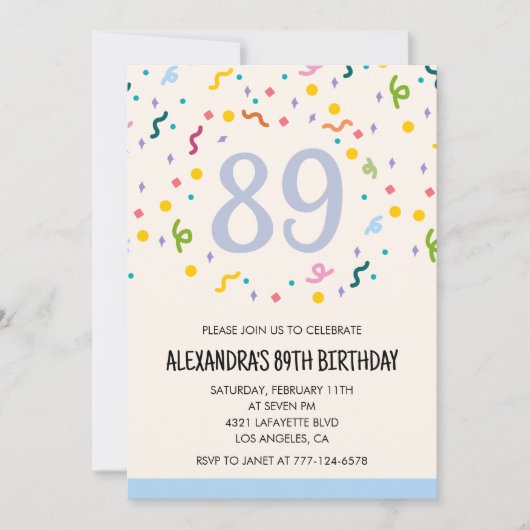 Invitations simples 89e anniversaire Confetti Mode (Devant)