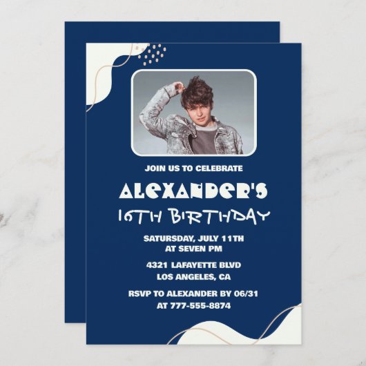 Invitations simples à 16e anniversaire Hommes Phot (Devant / Derrière)