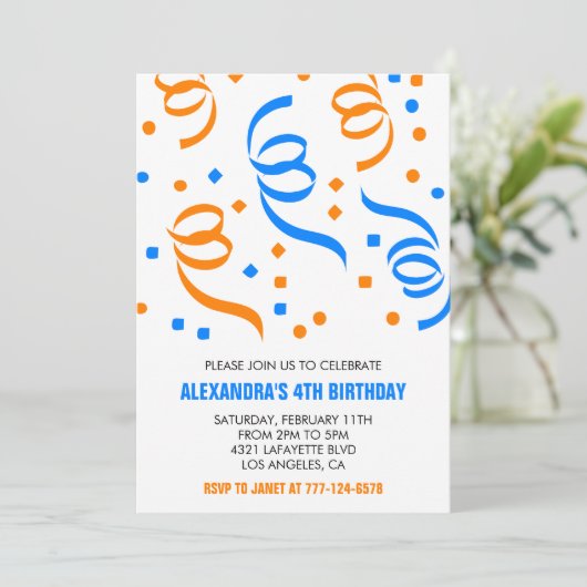 Invitations simples à 4 ans Confetti Blue (Debout devant)