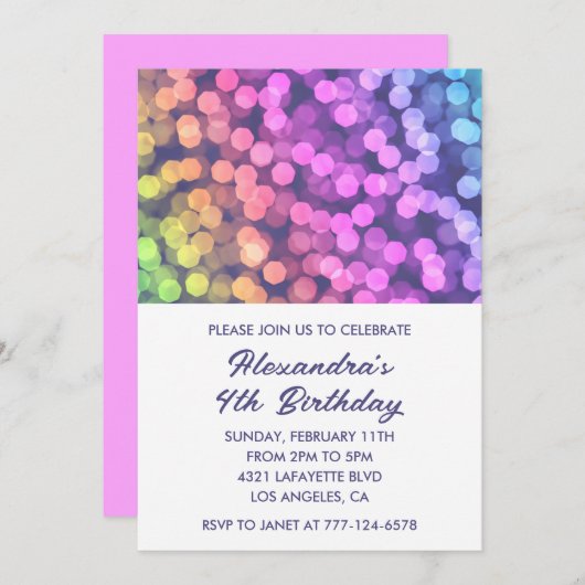 Invitations simples à 4 ans Confetti Rainbow (Devant / Derrière)