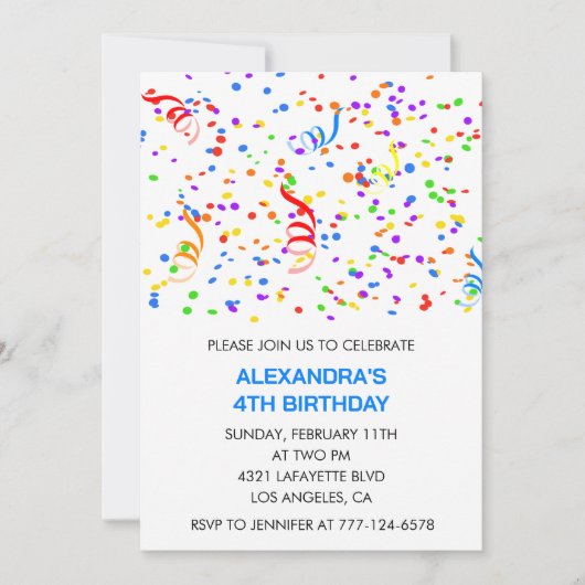 Invitations simples à 4 ans Confetti Rainbow (Devant)