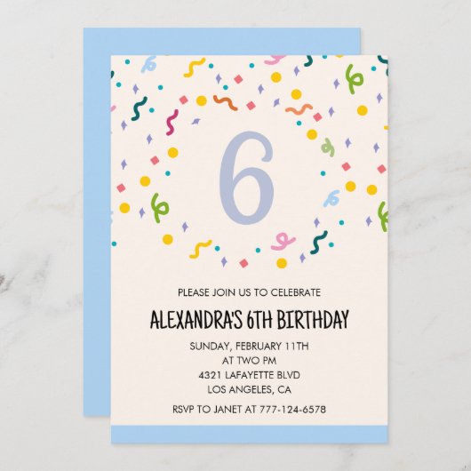 Invitations simples à 6 ans Confetti Modern (Devant / Derrière)