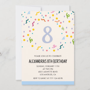 Invitations simples à 8 ans Confetti Modern