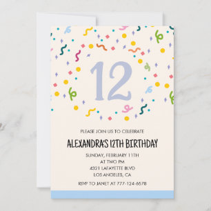 Invitations simples d'anniversaire 12 ans Confetti