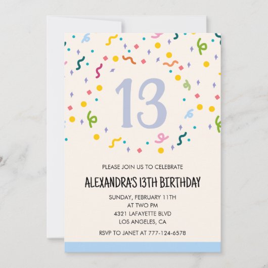 Invitations simples d'anniversaire 13 ans Confetti (Devant)