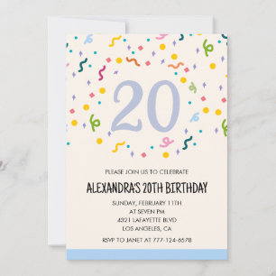 Invitations simples d'anniversaire 20 ans Confetti