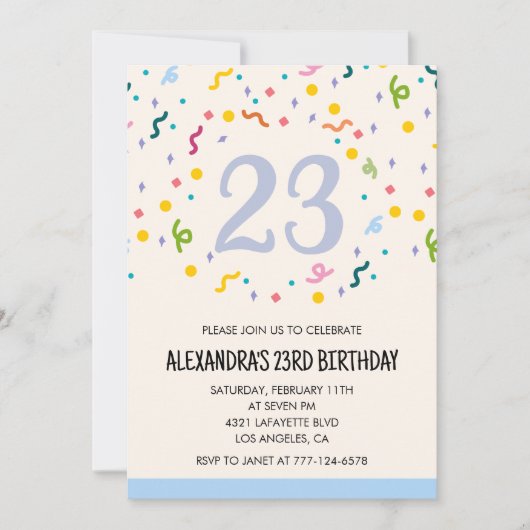 Invitations simples d'anniversaire 23 ans Confetti (Devant)