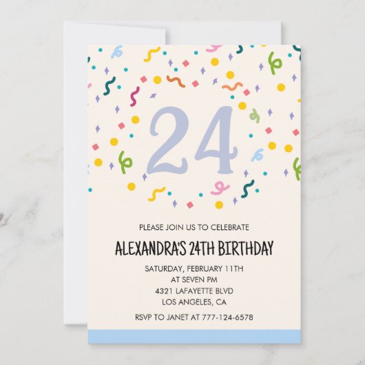 Invitations simples d'anniversaire 24 Confetti Mod (Devant)