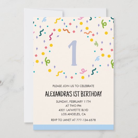 Invitations simples de 1er anniversaire Confetti M (Devant)
