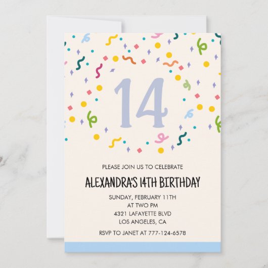 Invitations simples pour 14 ans Confetti Moderne (Devant)