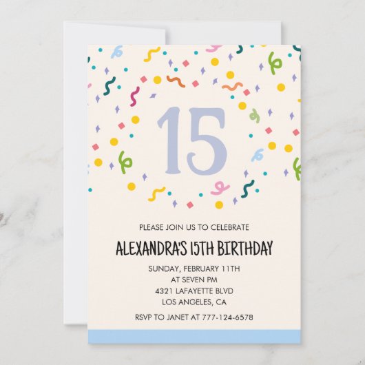 Invitations simples pour 15e anniversaire Confetti (Devant)