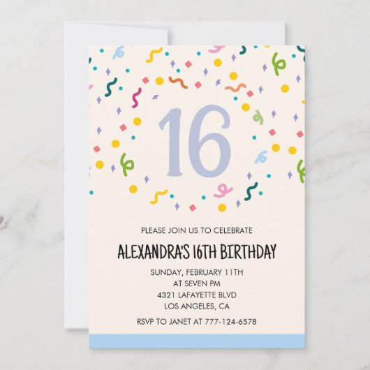 Invitations simples pour 16 ans Anniversaire Confe (Devant)