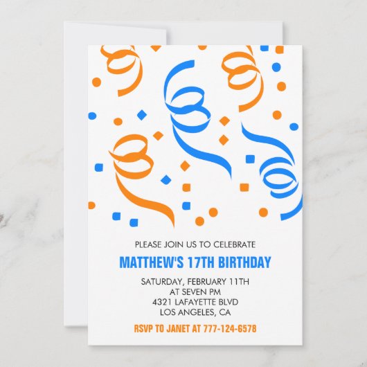Invitations simples pour 17 ans Confetti Bleu Garç (Devant)