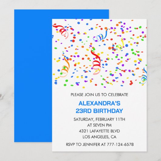 Invitations simples pour 23ème anniversaire Confet (Devant / Derrière)