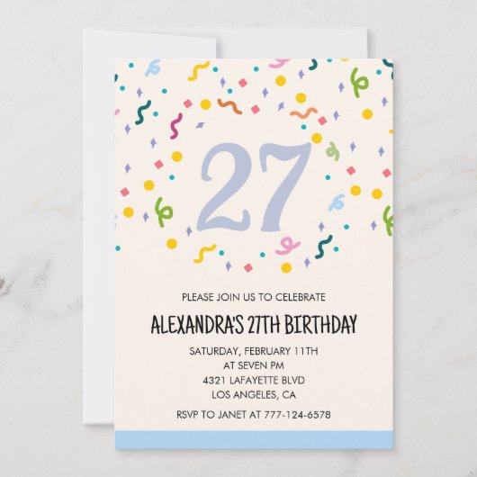 Invitations simples pour 27e anniversaire Confetti (Devant)