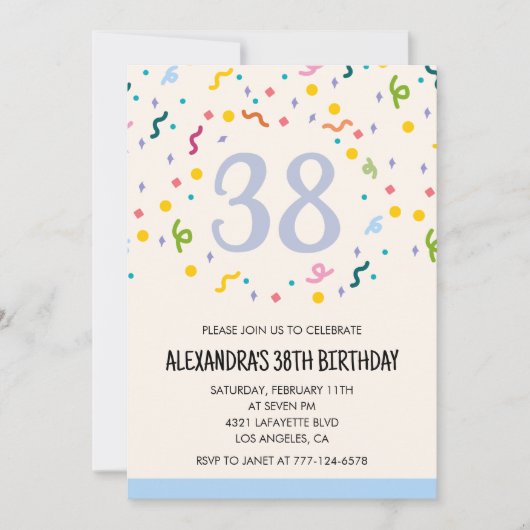 Invitations simples pour 38ème anniversaire Confet (Devant)