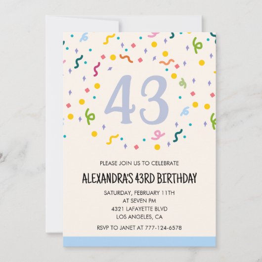 Invitations simples pour 43ème anniversaire Confet (Devant)