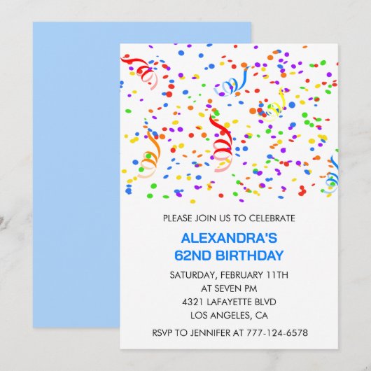 Invitations simples pour 62ème anniversaire Confet (Devant / Derrière)