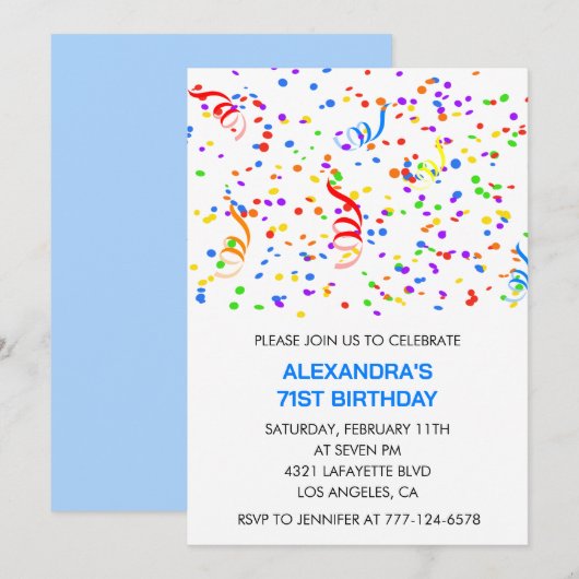 Invitations simples pour 71e anniversaire Confetti (Devant / Derrière)