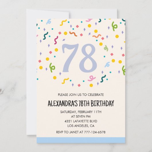 Invitations simples pour 78ème anniversaire Confet (Devant)