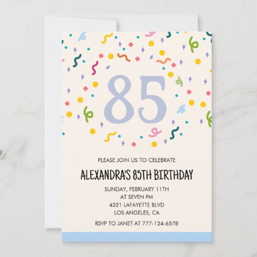 Invitations simples pour 85e anniversaire Confetti (Devant)