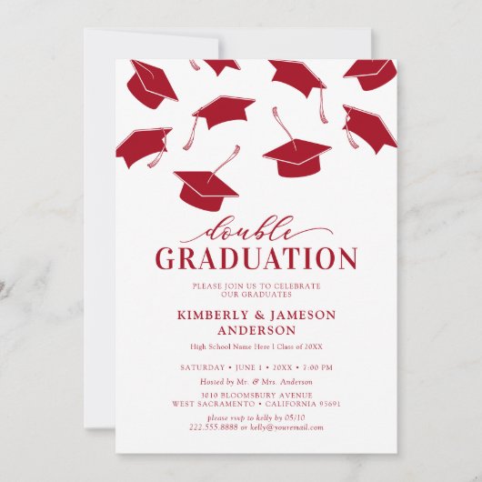 Invitations simples Red Double Graduation Party (Devant)