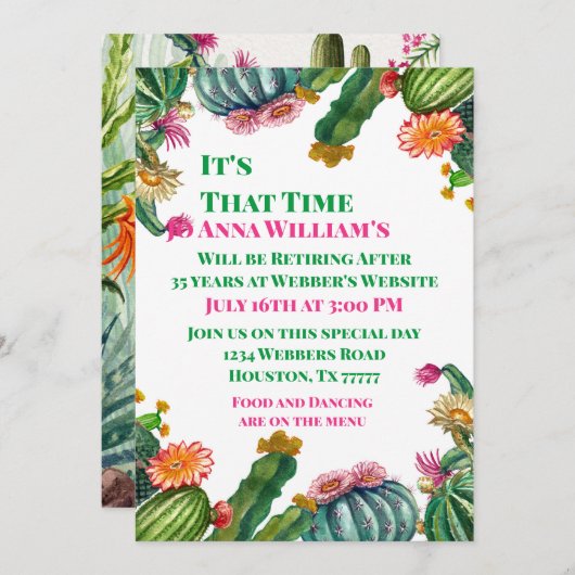 Invitations Succulentes de Cactus Retirement Party (Devant / Derrière)