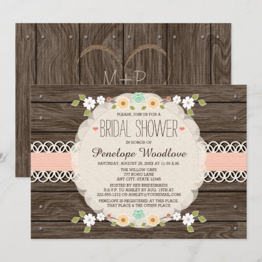 INVITATIONS SUR LA DOUCHE DE BOHO FLORAL RUSTIQUE  (Devant / Derrière)