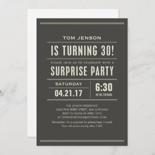 Invitations surprise 30e anniversaire (Devant / Derrière)